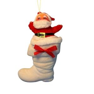 VTG 1960s Flocked Santa in White Boot Ornament Rubber Face MCM Kitsch Retro Rare